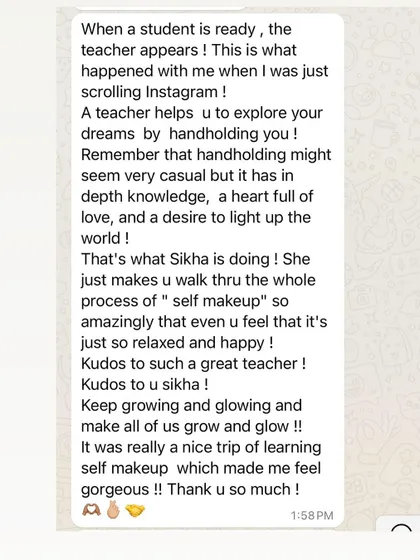 "When a student is ready, the teacher appears!" A beautiful review from a student who found my class on Instagram and felt I made the process of learning self makeup relaxed and happy.