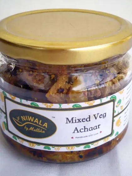 A jar of my Mixed Veg Achaar, a delightful mix of seasonal vegetables in a sweet and savoury spice blend. This pickle has a long shelf life and is a perfect accompaniment to any meal.