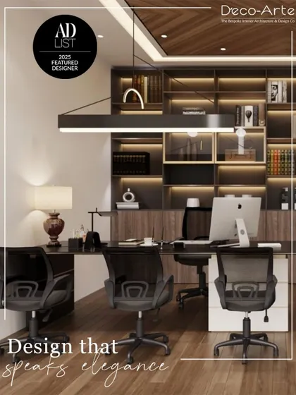 A design that speaks elegance. This workspace combines classic wood shelving with modern linear lighting and ergonomic seating, crafting an environment that is both timeless and highly functional.