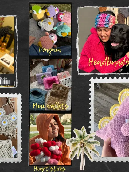 Another showcase of our diverse creations. Here you can see our penguin plushies, mini wallets, heart sticks for decor, and even cozy headbands. There's something handmade for everyone.