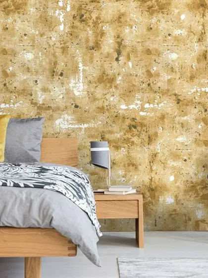 Our Light Yellow Drizzle texture adds warmth and character to this bedroom concept. It acts as a stunning feature wall, providing a rustic yet modern feel that is both cozy and stylish.