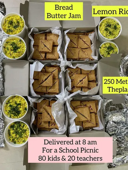 An early 8 am delivery for a school picnic of 80 kids and 20 teachers. The order included 250 Methi Theplas, Bread Butter Jam sandwiches, and Lemon Rice.
