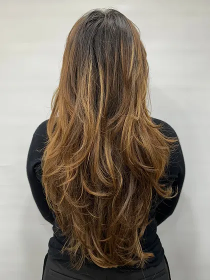 The "before" shot. You can see the previous color was grown out and brassy, ready for a major blonde correction.