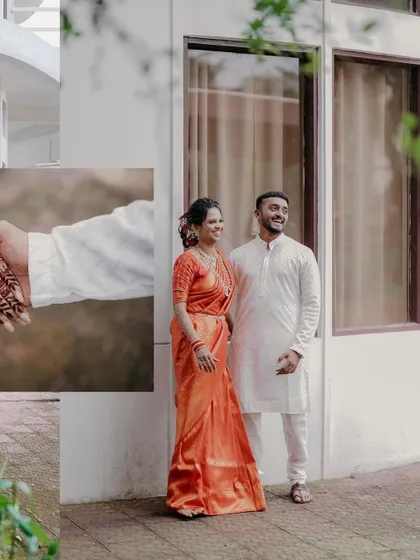 Another creative collage that pairs a full-length shot with a detailed close-up of the couple's hands, emphasizing connection.