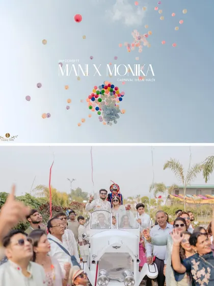 A creative shot of the couple's carnival-themed haldi entry, with colorful balloons released into the sky. It captures the scale and festive spirit of their unique celebration in Jim Corbett.