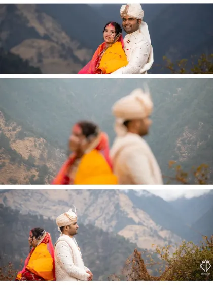 A series of portraits of the couple against the mountain landscape, showcasing different poses and the stunning natural beauty of Uttarakhand.