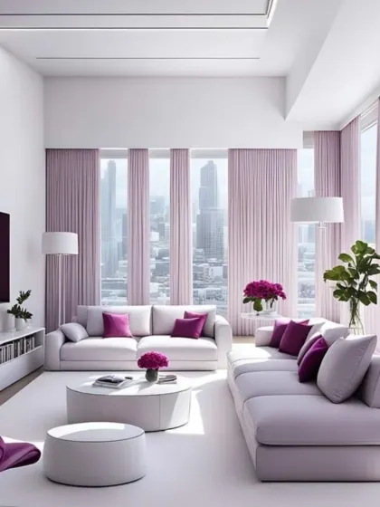 This high-ceilinged living room uses a soft lavender and purple palette for a unique and calming ambiance. The clean lines of the furniture and the abundance of natural light from the tall windows create a sense of spaciousness and modern sophistication.