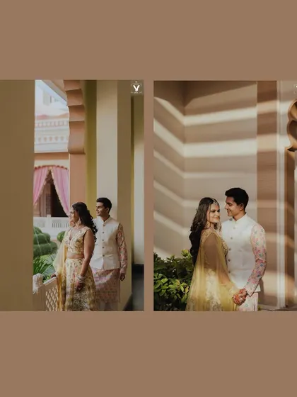 A two-panel collage showing a couple during their engagement session, capturing a moment of them looking out and another of them sharing an intimate gaze, with beautiful light and shadow play.