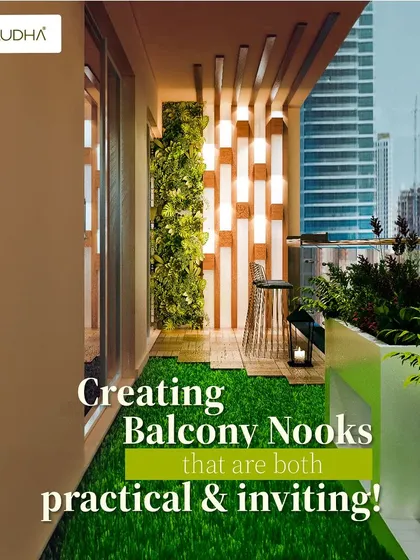 This balcony nook is both practical and inviting. It features a vertical garden wall, a small bar table, and artificial grass, creating a beautiful and functional space.