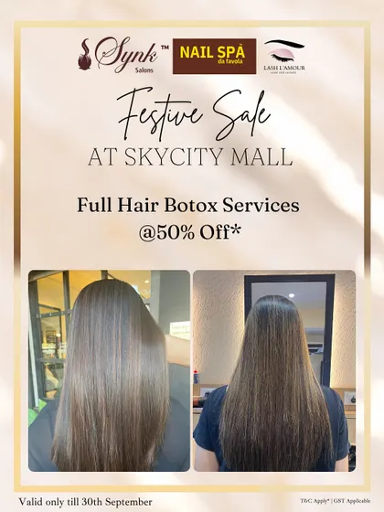 A festive sale promotion for our Full Hair Botox services, showing the before and after of a client's hair becoming incredibly smooth and straight.