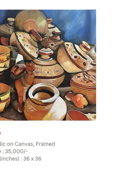 A framed acrylic painting of a classic pottery still life. This piece is ready to hang and would make a wonderful addition to a dining area or kitchen, adding a touch of rustic charm.