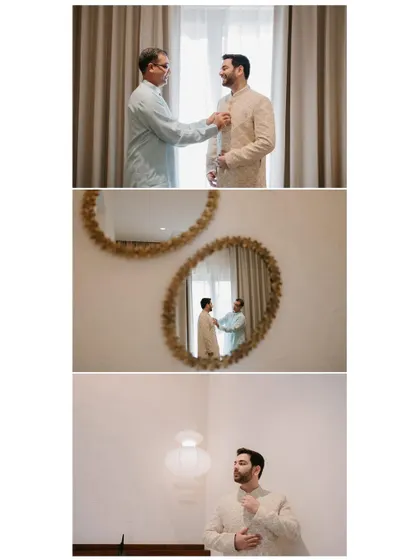 A collage of the groom getting ready with the help of his father, capturing the reflection in a mirror and his final look.
