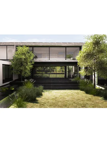 This farmhouse proposal features a central courtyard that acts as the green heart of the home, with all living spaces oriented towards it.