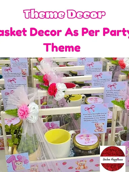 "Basket Decor As Per Party Theme." This image showcases the pink teddy bear return gifts, emphasizing how I match the decor to your party's theme.