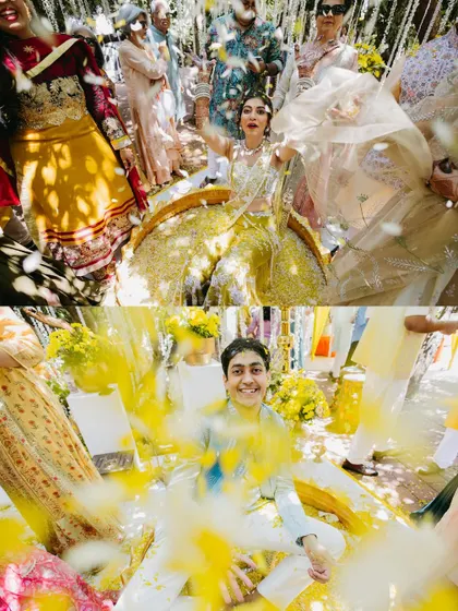 A collage of a Haldi ceremony, showing the bride and groom being showered with white and yellow flower petals by their families.