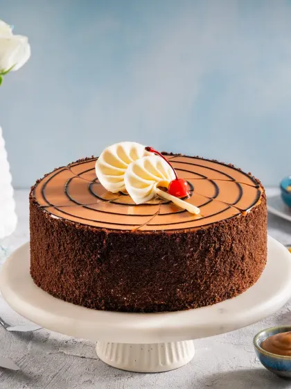 A butterscotch cake with a smooth glaze and chocolate drizzle, presented on a white cake stand against a soft blue background for a clean, professional look.
