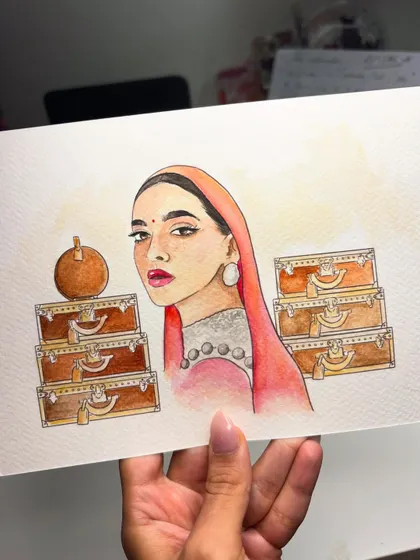 A beautiful watercolor illustration I created, featuring a woman in traditional attire surrounded by vintage-style luggage. This piece blends portraiture with a touch of storytelling.