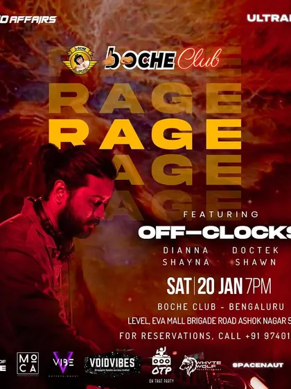 The main poster for "Rage Rage Rage" at a new venue, Boche Club, featuring a mix of techno and melodic artists.