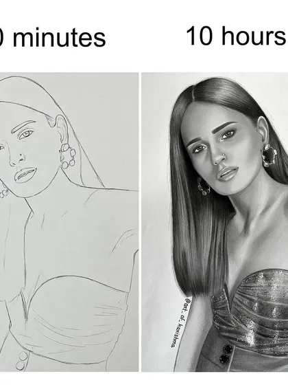 Outline versus final sketch. This shows the transformation from a simple 20 minute outline to a fully rendered portrait that took 10 hours to complete.