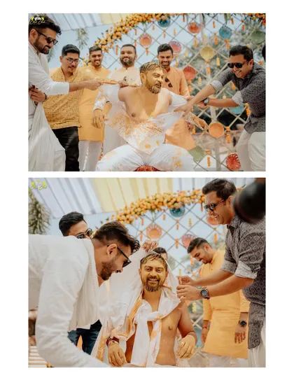 The groom's Haldi is a time for friends to show their love in the most playful way. This collage captures the fun and chaos as Parth gets covered in haldi by his groomsmen.