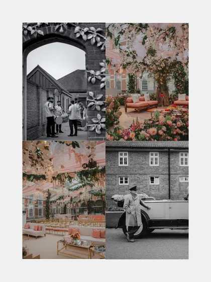 A collage showing the blend of Indian and British elements, from dhol players to a vintage English car. This highlights our expertise in cross-cultural wedding planning.