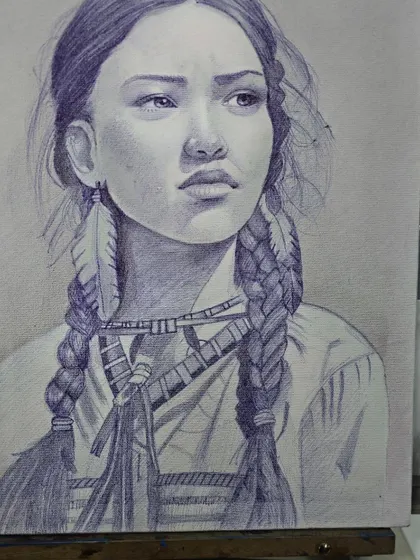 The nearly complete ballpoint pen portrait on the easel, showcasing the rich tones and textures achieved with simple cross-hatching.
