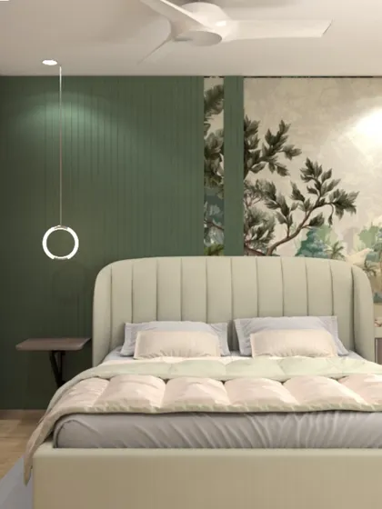 Another view of the dreamy bedroom, showcasing the plush upholstered bed, modern pendant light, and the beautiful interplay between the green accent wall and the nature-inspired mural.