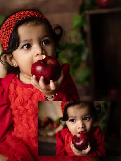A cute collage of a baby girl in a red dress enjoying a fresh apple. The close-up shot captures her curiosity and the simple joy of discovering new tastes.