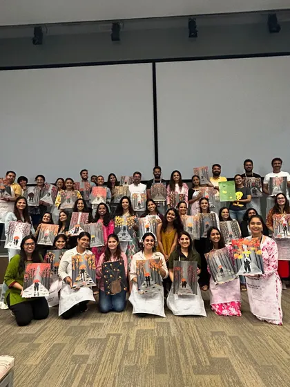 The Adobe HR team in Delhi proudly displays their finished paintings. It's so rewarding to see a room full of people, many of whom said they couldn't paint, create such beautiful work.