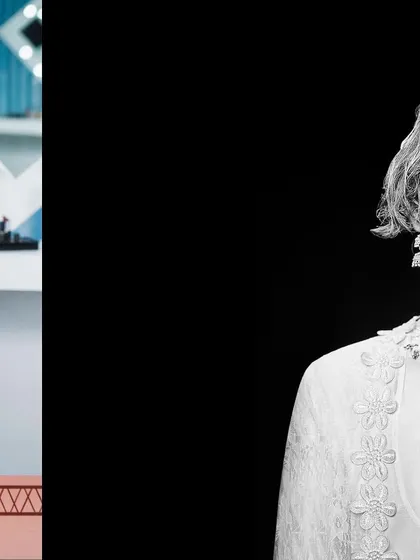 This conceptual campaign image for ABP Studios explores duality and perception. The styling uses a split-screen effect to contrast a modern vanity with a character that blends masculine and feminine historical aesthetics.