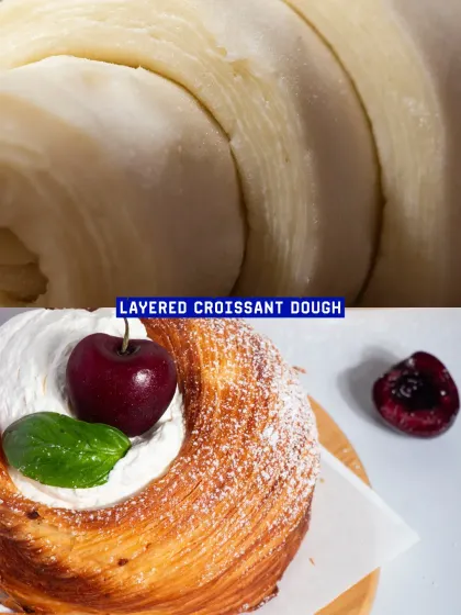 The base of my Cherry Trifle is made from layered croissant dough, giving it a unique, flaky texture.