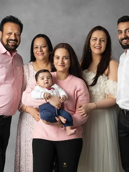 A beautiful extended family portrait with everyone smiling. These large group photos are perfect for documenting special milestones and the growth of your family tree.
