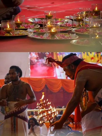 A collage showing the lamps and a priest performing aarti during the Rishi Homa. The offering of light is a central part of our worship, symbolizing the removal of darkness.