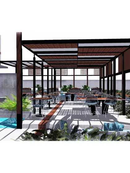 The seating at Risolo is designed at various levels to provide good views of the area. A pergola provides shade while allowing for maximum natural light, creating a comfortable and airy dining space.