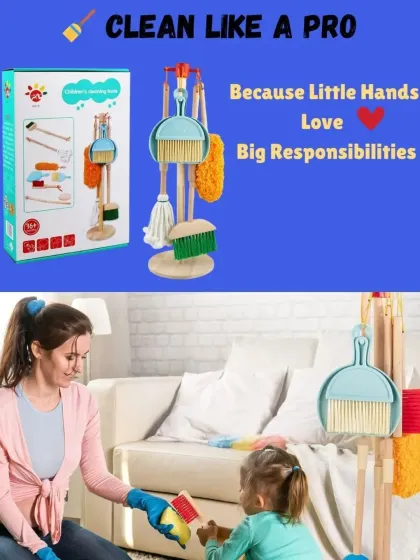 Teach responsibility in a fun way with this 5-piece kids' cleaning set. Made from solid wood, these child-sized tools actually work, helping little ones build good habits through imitation.