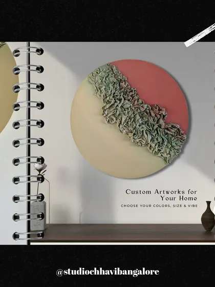 Your walls deserve more than mass-produced prints. This custom circular artwork, with its unique fabric texture, was handcrafted to reflect our client's specific color palette and personal vibe.