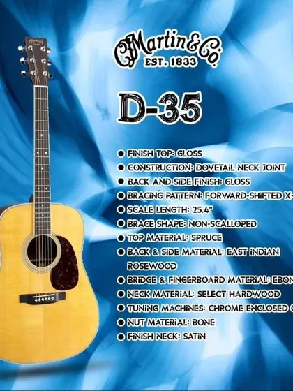 A spec sheet for the legendary Martin D-35. Known for its iconic three-piece back and powerful, balanced tone, this dreadnought is a staple in folk, rock, and country music.
