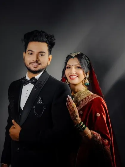 A classic studio portrait for their reception. I gave the bride a radiant makeup look and the groom a sharp, clean finish.