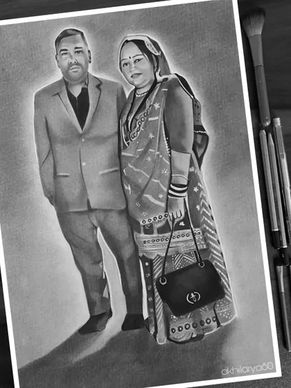 A full-length couple portrait in black and white on A3 paper. This piece shows how I handle details like clothing texture and shadows in a larger composition.