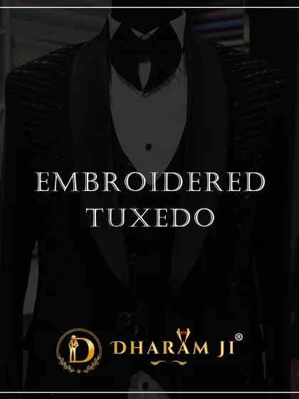An advertisement graphic showcasing one of my embroidered tuxedos. This piece features silver threadwork for a modern, edgy look.