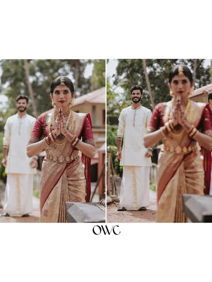 A diptych showing the bride in a gesture of prayer, a serene and spiritual moment from her Kerala wedding.