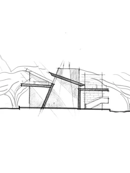 A sectional sketch of "Aamra," explaining the geometric shift that creates the north-facing clerestory. The 12-degree incline of the roof is optimized for mounting solar panels, integrating sustainability into the core design.