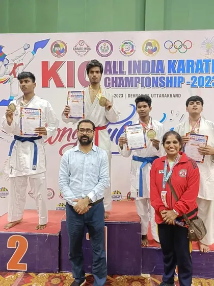 Harshit Pandey on the podium after winning a gold medal at the KIO All India Karate Championship. Dominating national championships is a stepping stone to international glory.