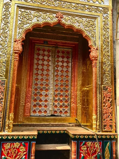 An ornate and beautifully maintained golden door in Old Delhi. It stands in stark contrast to the decay around it, a testament to the pride some residents still take in their heritage.