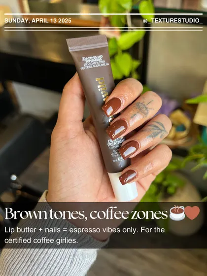 For the coffee lovers, we're matching our nails to our favorite drink. This rich, espresso-toned gel manicure is chic, modern, and perfect for any season.