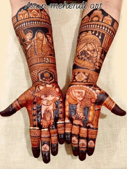 This intricate design features a havan kund for the wedding ceremony on the palms, with portraits of the couple's parents on the forearms.