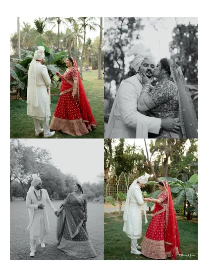 A collage of moments from Kushal and Hemal's wedding, mixing color and black and white to tell a story of their love and celebration.
