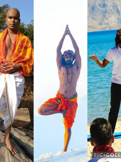 A collage showing different facets of my identity. From a traditional yogi to a teacher on the beach, these images represent the various roles I embrace on my path.