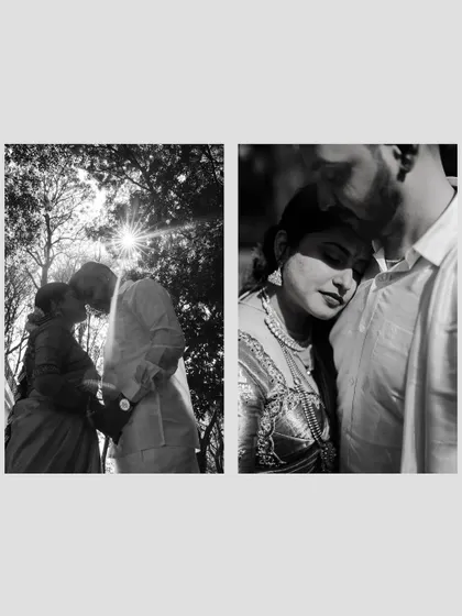 A creative black and white collage capturing the couple in a moment of quiet intimacy and reflection.