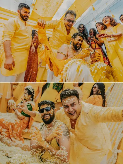 The Haldi ceremony is all about friends and fun. This collage shows the groom, Samarth, being playfully covered in turmeric by his friends, capturing the wild and happy moments of the celebration.